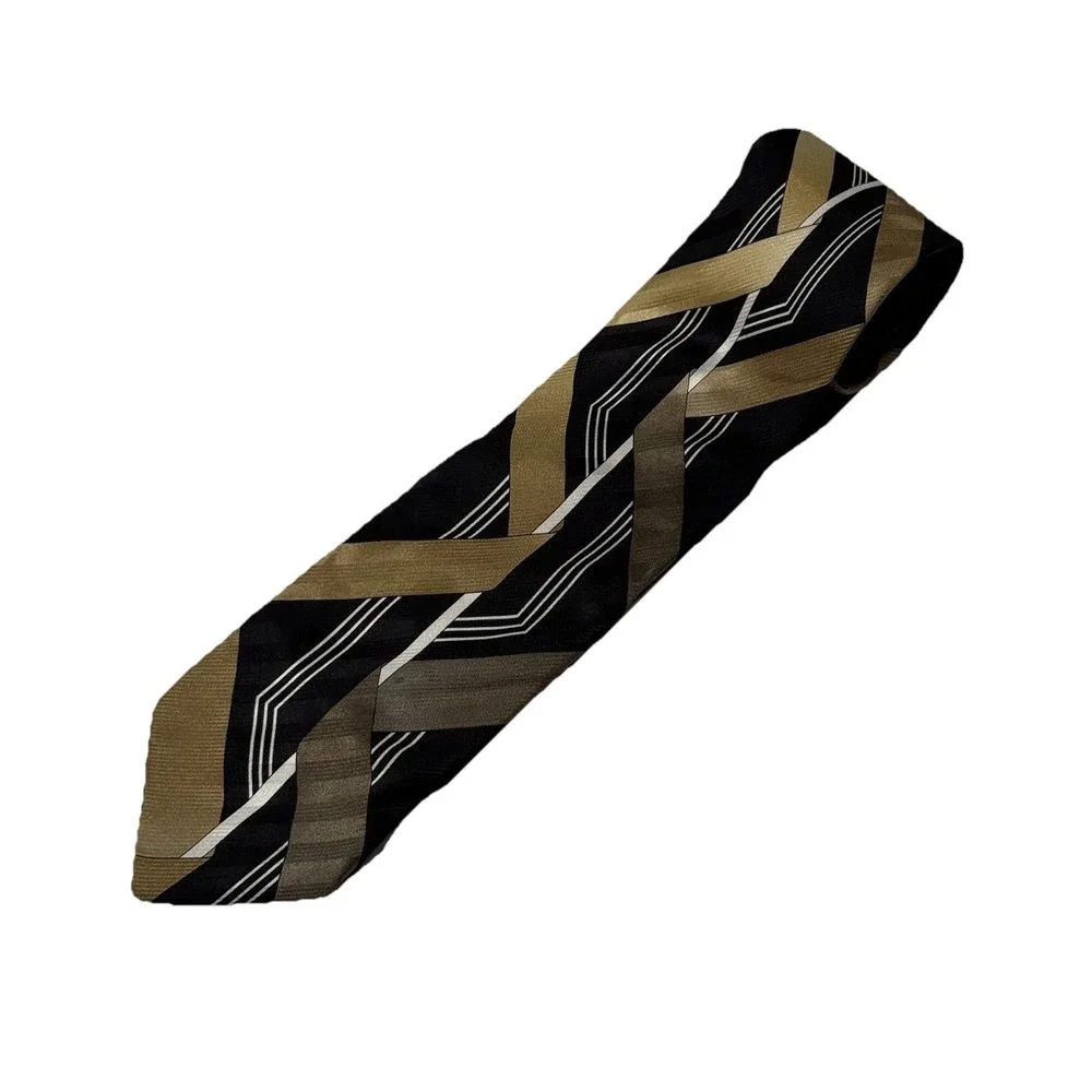 Vitaliano Pancaldi Silk Necktie Geometric Black Gold Grey Diagonal Stripe Giove